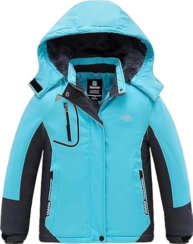 Wantdo Giacca da Snowboard Running Giaccone Sport Invernale Parka con Cappuccio Antivento Giacche da Running Impermeabile Bambina Azzurro Chiaro 152-158