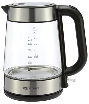 Amazon Basics Electric Kettle with Glass Carafe for Tea and Coffee, BPA-Free, Fast Boiling, Auto Shut-Off, Boil-Dry Protection, Water Level Indicator, 1.7 Liter, 1500W, Black and Silver