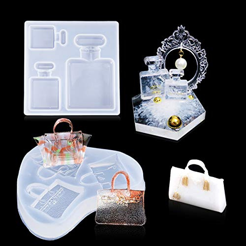 iSuperb 2pcs Stampo in Silicone Resina Sacchetti Borsa Stampo in Cristallo Bottiglie di Profumo Resina Epossidica Resin Molds per fai da te Gioielli, Portachiavi, Casa Decorazioni (Bottiglie+Borse)