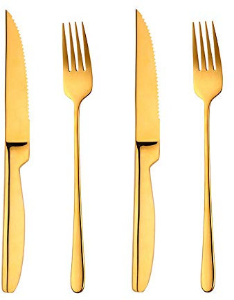 Bisda - Set di posate da bistecca seghettata oro, set di coltelli e forchette da bistecca per 2, in acciaio inox 18/10, 2 coltelli da bistecca X2, coltelli da tavola e forchette