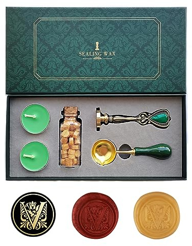AMTOL Letras de Fantasía V Sello de Cera Set, Estilo Europeo Kit de Sello Con Caja de Regalo, Vintage Personalizado para Carta Tarjetas Invitaciones (V)