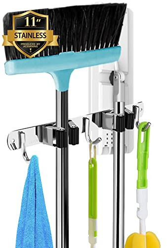 2 Holders+3 Hooks Broom Holder Wall Mounted Stainless Steel Mop Holder | brush holders for wall: nail fitting kit and strong adhesive backing; long handles stay tidy.
