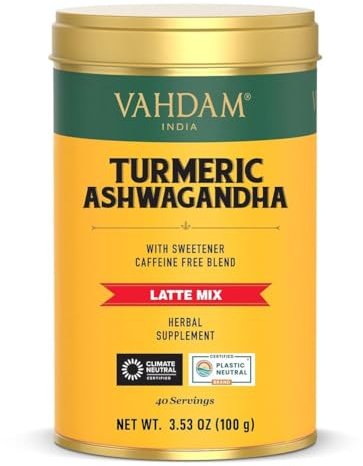 VAHDAM Golden Milk Latte in Polvere Curcuma & Ashwagandha | 100 g–40 Tazze | Senza Caffeina, Senza Zuccheri Aggiunti | Preparato con Curcuma e Ashwagandha – Caldo o Freddo