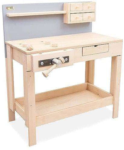 Kinderwerkbank aus Massivholz höhenverstellbare | x1 Spannzange | Holzspielzeug aus Buche | Kinder Hobelbank, Werkbank, Werkstatt, Tischlerei, Werkzeugbank “Bob”- 4314