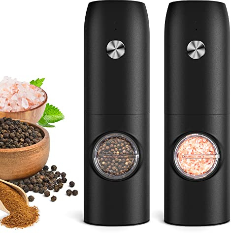 Electric Salt and Pepper Grinder Set, Rechargeable Automatic Pepper Mill Grinder with LED Light, Adjustable Coarseness shakers, One-Hand Operation for Kitchen Appliances(2 Pack Black)