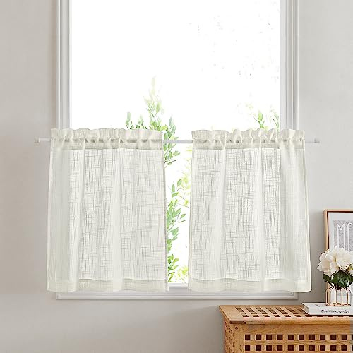PONY DANCE Cortinas Beige Cortas,Translucidas,Efecto de Lino 2 Piezas