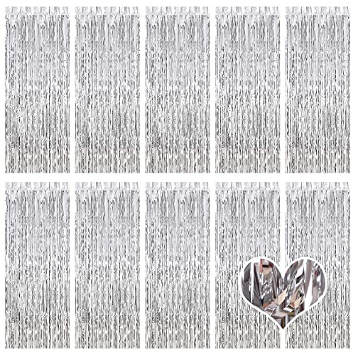 10 Pack Silver Foil Fringe Curtain Backdrop, 3.2ft x 8.2ft Metallic Tinsel Foil Fringe Curtains, Tinsel Backdrop Streamers for Birthday Party Decoration, Wedding, Christmas (Silver)