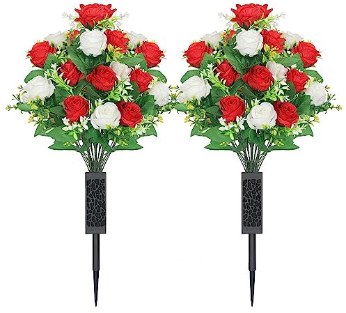 Lodou Künstliche Friedhofsblumen, künstliche Friedhofsblumen mit Vase, Gedenkblumen, künstlicher Rosenstrauß, Friedhof, Gedenkblumen für Friedhof, Grabsteine, Dekoration (rot und weiß, 2 Sets)