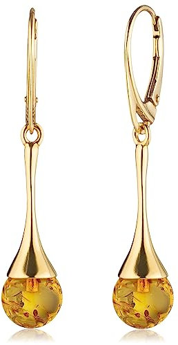 Amber by Mazukna - Ohrringe für Frauen, vergoldetes AG925 Sterling Silber, natürliche Bernstein Kugel Perlen, handgefertigte Edelstein Hängeohrringe, Bernstein Schmuck zertifizierter
