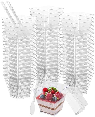 PERMUST 50 Stück Dessertbechern 70 ml Dessertschalen-Set, Mit 50 Suppenlöffeln 50 Deckel, DIY dessertschalen, Wiederverwendbar für Mousse, Pudding,Eis,für Buffets,Dessertparty,Picknick
