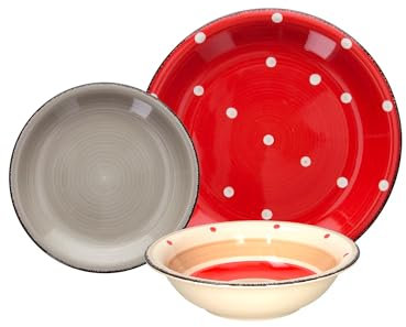 Servicio de mesa de 18 piezas con platos de diferentes tamaños – Juego de 18 piezas con platos llanos y hondos con decoración de lunares, de cerámica, blanco y rojo