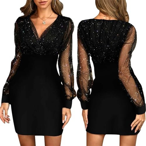 Bcenoilua Frauen Kleider Pailletten V-Ausschnitt Mesh Lange Ärmel Sexy Schlankes Kleid Retro Festliche Minikleid Sexy Silvester Kleid Bodycon Party Cocktailkleid