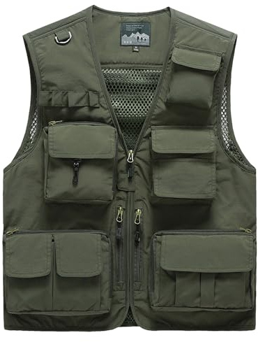 Wirltte Mens Vests Cargo Outdoor Work Safari Hunting Fishing Travel Photo Mesh Waistcoat Vest Gilet Multi Pockets Army Green XL