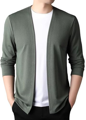 KIJSKKOPO Chaquetas De Punto Hombre,Cárdigan De Manga Larga para Hombre, Cárdigan Beige Abierto por Delante Sin Cuello, Chaqueta Tipo Kimono, Primavera Otoño, Informal, Ajustado, Ligero, Abrigo D