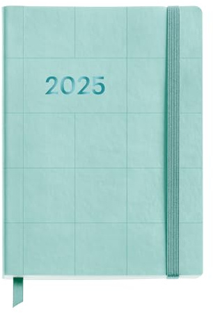 Miquelrius - Agenda 2025, årlig dagbok 122 x 168 mm, dagskalender, flexibelt omslag av liknande insytt läder, papper 80 g/m², spanska, engelska och portugisiska, akvamarin