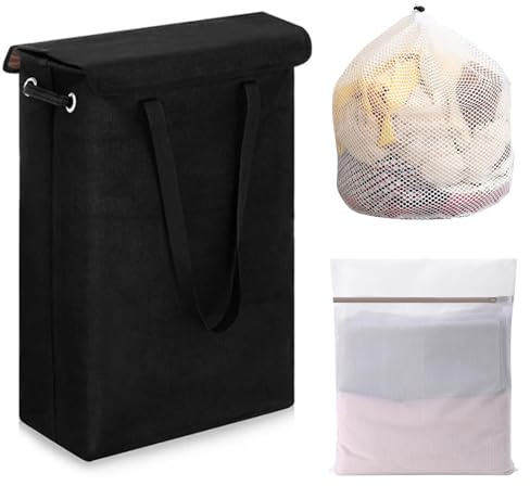 Oungy Cesto para la ropa sucia plegable negro con tapa, 45 L, estrecho y alto, cesto para la ropa sucia estrecha con asa, cesta pequeña con 2 bolsas para la colada para baño y dormitorio, 60 x 39 x 19