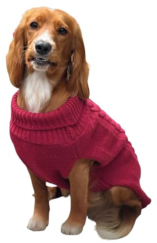 HugglePets Cable Knit Winter Dog Jumper - Mulberry Red (Medium 40cm) Deep Weave Dog Clothes with Under Body Protection, Short Sleeve Fit & Collar Hole. Machine Washable Sweater for Dogs & Pets.