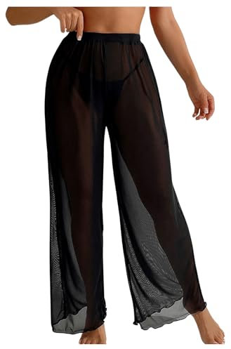 GORGLITTER Damen Transparent Palazzo Hose Festival Outfit Netz Rave Partyhose Durchsichtig mit Elastischem Bund
