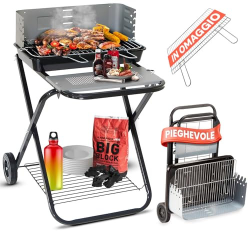 Avilia Barbacoa de carbón portátil plegable de acero – Barbacoa con parrilla de 54 x 38 cm y 2 ruedas para fácil transporte – Barbacoa portátil para barbacoa en el jardín y camping – 60 x 80 x 84 cm