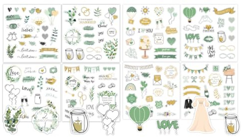 WUSJCOF 170 Diseños para Libro de Visitas de Boda, Pegatinas de Amor, Vintage para Libros de Invitados, Decorativas Álbum Fotos Boda, Personalizadas, Decoración de Bullet Journal (Verde Eucalipto)