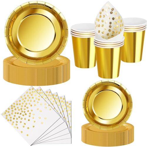 Nkaiso Platos y Vasos Desechables, 50 Piezas Dorado Vajilla de Fiesta, 10x 23cm & 10 x 18cm Platos de Carton, 10 Vasos, 20 Servilletas - Para Bodas, Aniversarios, Eventos Especiales -10 Invitados
