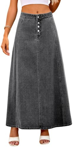 ebossy Women's High Waist Denim Skirt Classic 4-Button Flare A Line Stretch Maxi Long Jean Skirts with Pockets (Large, Dark Grey)