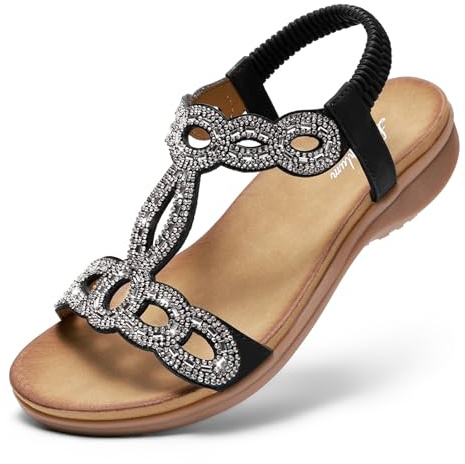 Littleplum Sandaler för dam, platta sandaler för dam, glitter rhinestone sommarskor strandskor, Svart, 40 EU