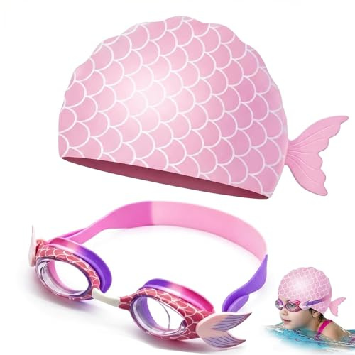 Mermaid Kids Swimming Goggles and Swimming Cap Set, Children's Swim Goggles Cap Kit for 3-14 Years Old Boys Girls, Comfortable Waterproof Swimming Set for Pool Beach Water Activities
