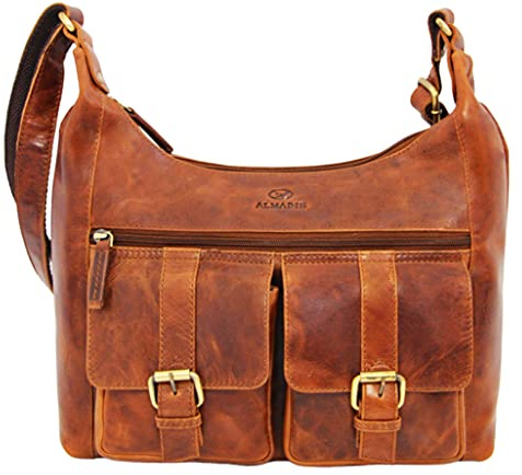 ALMADIH Geräumige echt Ledertasche Damen Umhängetasche LARA bd - große Handtasche mit viele Fächer - Leder Schultertasche für Frauen Henkeltasche Businesstasche Shopper braun (LARA deluxe)