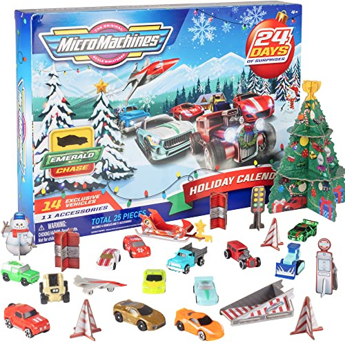 Micro Machines - Calendario de Adviento de Navidad de 25 piezas, incluye mini figuras de autos de juguete de 2 pulgadas y accesorios, juego coleccionable de pista de carreras, regalo para niños, niñas