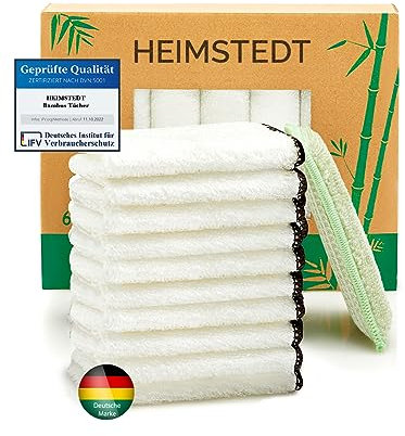 HEIMSTEDT® Lot de 10 chiffons de nettoyage en bambou blanc durables pour un nettoyage sans traces sur toutes les surfaces