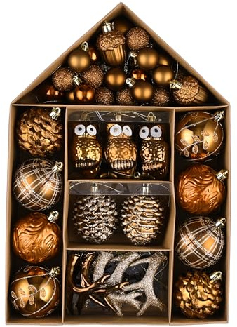 Valery Madelyn Ornaments for Christmas Trees, 70ct Bronze Copper and Gold Shatterproof Christmas Tree Decorations, Woodland Brown Hanging Ball Ornaments Bulk for Xmas Holiday Party Decor