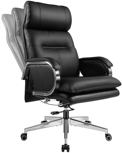 HUAUR Genuine Leather Modern Executive Chair High-Back Support 90 to 150 Degrees Tilt and Upholstered Home Desk Chair with Base 360LB Capacity Swivel Computer Office Chair (Black)