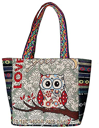 Leuchtbox Mittelgroße Canvas Leinen-Tragetasche Damen Umhängetasche Schultertasche Shopper Bag Strandtasche Bestickter Ethno Style Süßes Eulenmotiv (Motiv 1)