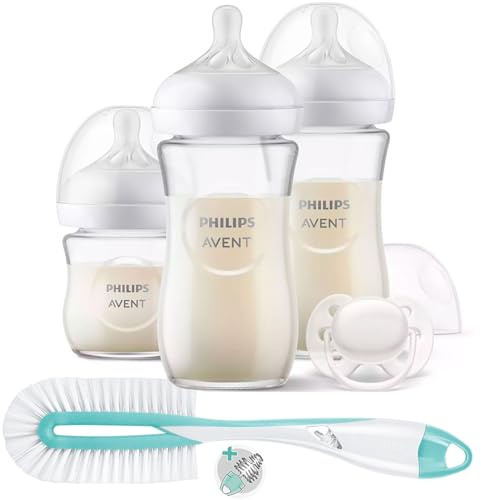 Philips Avent Lot de 2 Biberons en Verre Natural Response : 240 ml et 120 ml, Tétine 0-6 Mois et Brosse