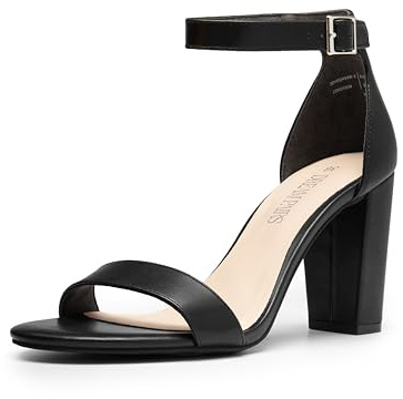 DREAM PAIRS Sandalia de Vestir para Mujer con Alta Tacón Ancho Zapatos de Tacón Clásicos de Punta Redonda con Hebillas y Tiras Verano