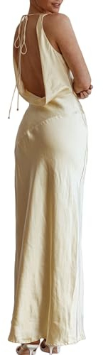 KOUNAI Robe Maxi en Satin à col bénitier sans Manches Dos Nu pour invitées de Mariage en Soie Dos Nu à Nouer dans Le Dos, Robes Formelles pour Femmes 2024, Jaune, Taille XL