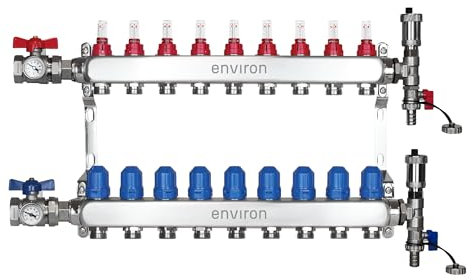 ENVIRON- Heizkreisverteiler [2-12 Heizkreise] mit Kugelhahn Set und Schnellentlüfter Set | Fußbodenheizung Heizung (9 Heizkreise)