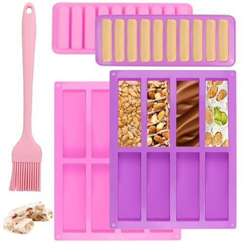 Stampi per cereali, 4 pezzi, in silicone con pennello, 8 stampi in silicone + 10 cavità per muffin, torte, barrette per cereali, cioccolato, barrette per sapone