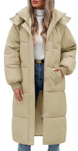 Vancavoo Women's Long Winter Coat Long Sleeve Puffer Quilted Coats Thickened Warm Hooded Padded Jackets Ladies Longline Windproof Outerwear for Winter(Khaki,XL)