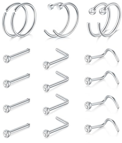 AVYRING Piercing da naso in acciaio inox ipoallergenico a forma di L, con zirconia cubica, 22 G, 20 G, 18 G, confezione da 18 pezzi o 24 pezzi, Acciaio inossidabile