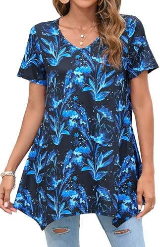 Enmain Tunic Tops for Women UK Casual Ladies Tunics Short Sleeve Longline Women Long Top to Wear for Leggings Summer V Neck Hanky Hem Black,XL