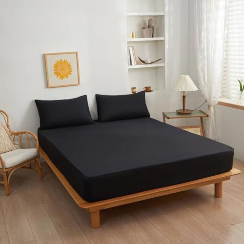 Epinki Bettlaken 120x200cm Gepolstert, Bettlaken Organizer Einfarbig Schwarz Textilien Klassische, Baumwolle Laken für Bett Unterbett als Schutz für Boxspringbett & Topper