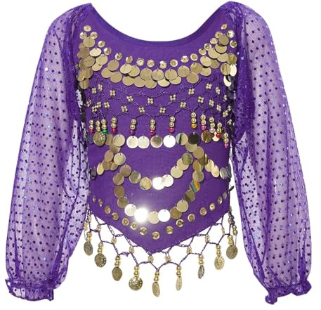 Belly Dance Top for Women, Puff Long Sleeve Chiffon Sequin Dance Shirts, Glitter Coins Tassels Blouse for Festival Clubbing Wear, Self-tie Back Tribal Crop Top for Belly Dance Performance Outfit