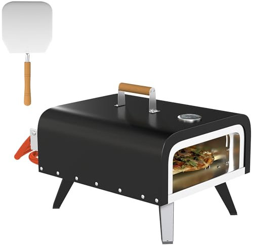 Outsunny Outdoor Tabletop Gas Pizza Oven with 12 Stone and Peel, Portable Pizza Oven Maker with Thermometer, Foldable Legs, Handle, Gas Hose and Regulator, Black