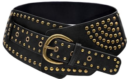 GNOLONG Retro Adjustable Boho Leather Belt Wide Disc Studded Rivets Metal Buckle Vintage Western Cowgirl for Jeans Pants Dress Cosplay (Black)