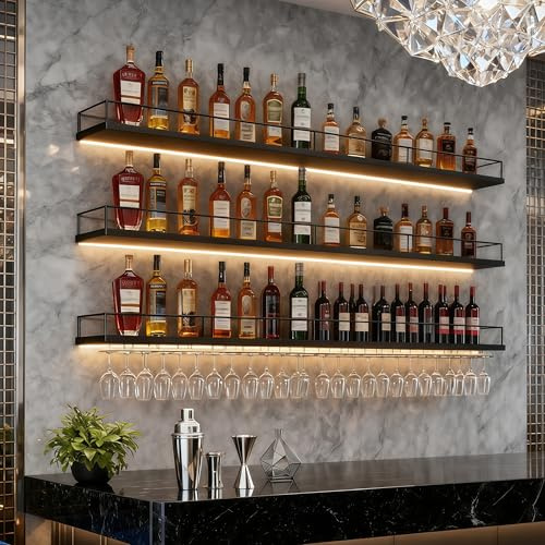 FKKPRVAX 100CM Botellero de Pared Industrial Luz LED, 3 Niveles Moderno Botellero de Metal con portavasos de, Multifuncional Estante para Vino Apto para Cocina, Bar, Cafetería y decoración (Negro)