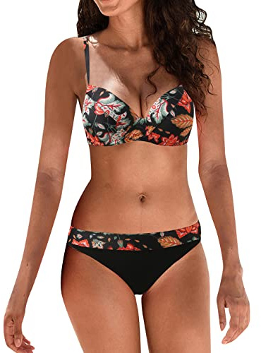 Ropa Mujer Verano 2026 BañAdor Talla Grande Bikinis Retro con Estampado para Mujer, Traje de baño Sexy con realce, Conjunto de Bikini Piezas, Traje Bikini Aros Sin Relleno (Black, XXL)