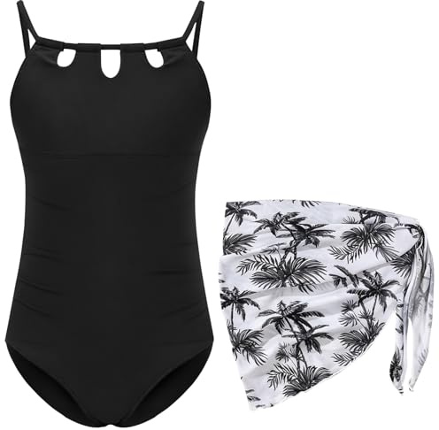 CHMMY Costume da Bagno Intero Bambina Nero a Asciugamento Rapido con Gonna da Spiaggia Abbigliamento Balneare per Ragazze 7-15 Anni (8-9 Anni, Size140)