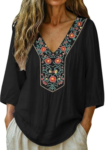 Générique Chemisier Femme Chic et Élégant Broderie Col V Manches 3/4 Tunique Grande Taille Ample en Coton et Lin Haut Bohème Gaze de Coton sans Repassage Vêtements Été Blouse Chemise pour Femmes